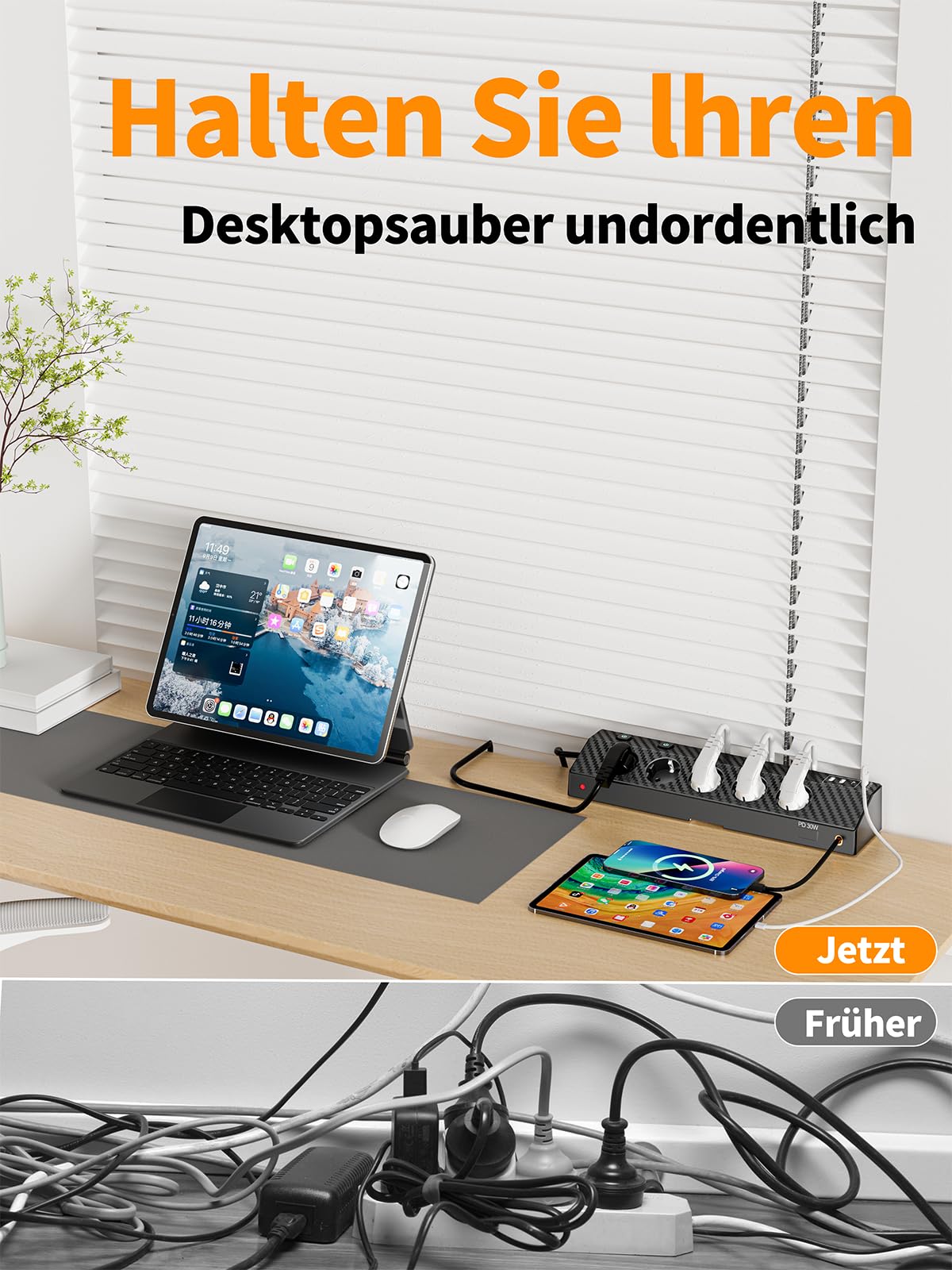 Tischsteckdose Steckdosenleiste mit 2 USB C (PD 30W), PASSUS 5 Fach Mehrfachsteckdose Schreibtisch mit Überspannungsschutz & Einzeln Schaltbar, 10-in-1 Ecksteckdose mit 2M Kabel für Büro, Schwarz