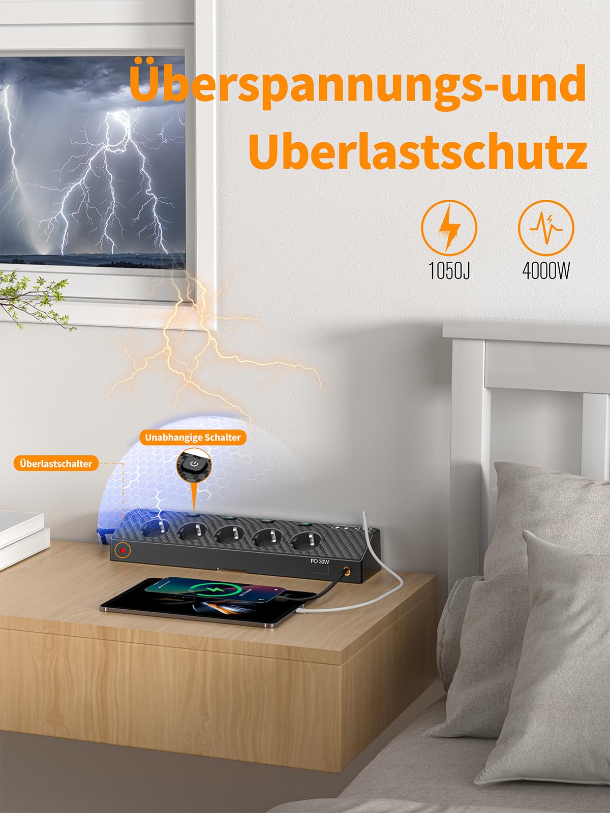 Tischsteckdose Steckdosenleiste mit 2 USB C (PD 30W), PASSUS 5 Fach Mehrfachsteckdose Schreibtisch mit Überspannungsschutz & Einzeln Schaltbar, 10-in-1 Ecksteckdose mit 2M Kabel für Büro, Schwarz