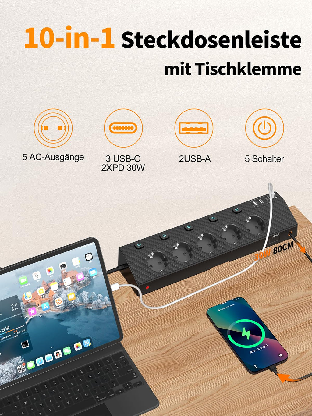 Tischsteckdose Steckdosenleiste mit 2 USB C (PD 30W), PASSUS 5 Fach Mehrfachsteckdose Schreibtisch mit Überspannungsschutz & Einzeln Schaltbar, 10-in-1 Ecksteckdose mit 2M Kabel für Büro, Schwarz