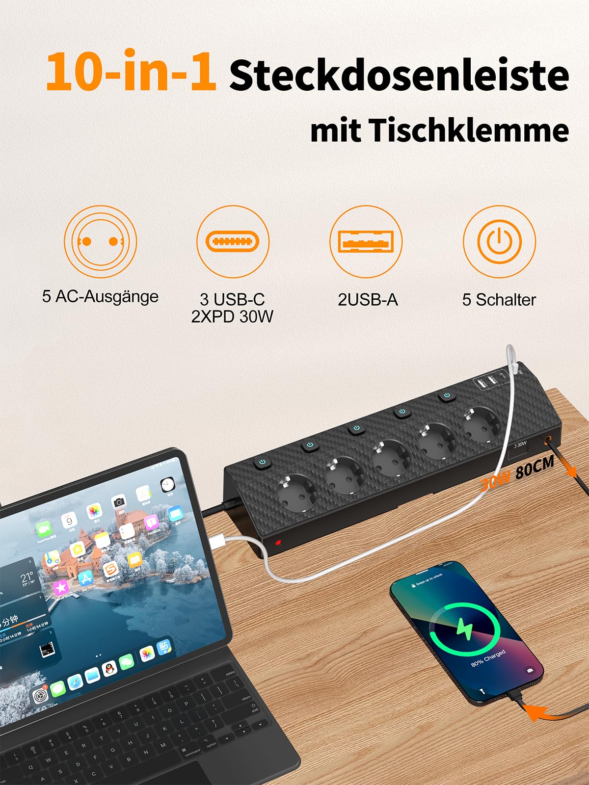 Tischsteckdose Steckdosenleiste mit 2 USB C (PD 30W), PASSUS 5 Fach Mehrfachsteckdose Schreibtisch mit Überspannungsschutz & Einzeln Schaltbar, 10-in-1 Ecksteckdose mit 2M Kabel für Büro, Schwarz