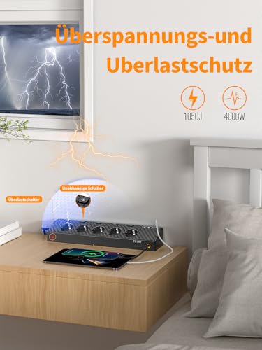 Tischsteckdose Steckdosenleiste mit 2 USB C (PD 30W), PASSUS 5 Fach Mehrfachsteckdose Schreibtisch mit Überspannungsschutz & Einzeln Schaltbar, 10-in-1 Ecksteckdose mit 2M Kabel für Büro, Schwarz