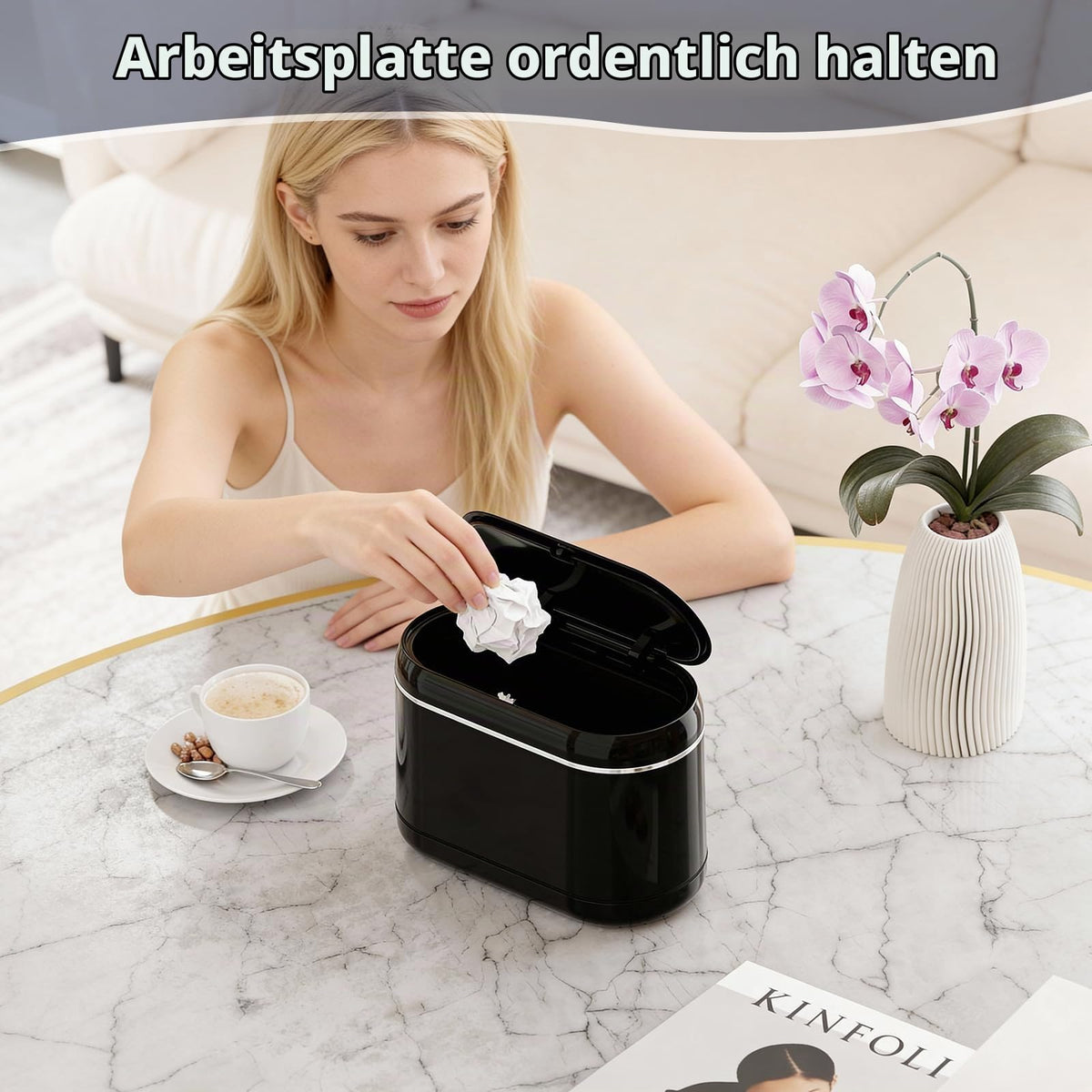 PAVSTINE Tischmülleimer mit Deckel, Tischabfalleimer Zweikammer, Schwarz
