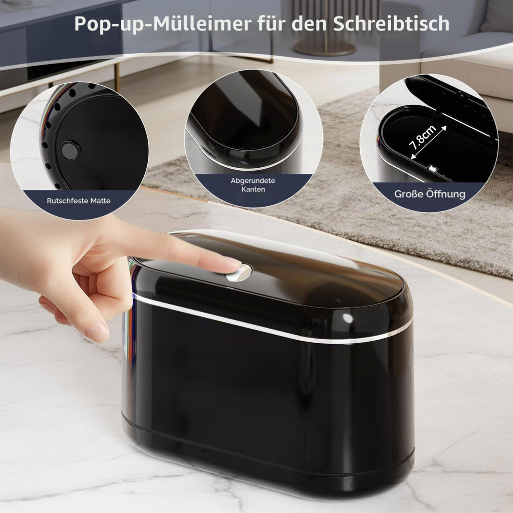 PAVSTINE Tischmülleimer mit Deckel, Tischabfalleimer Zweikammer, Schwarz