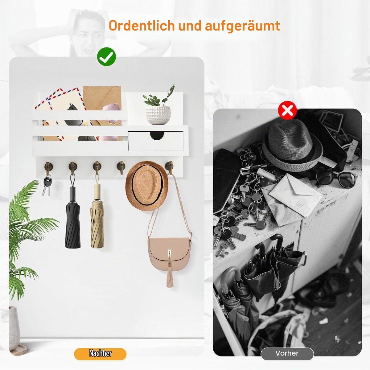 Schlüsselbrett mit Ablage, Schlüsselbrett Holz mit 6 Haken