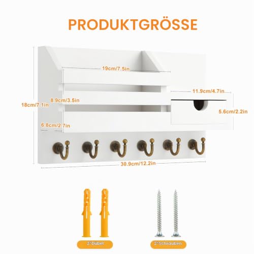 Schlüsselbrett mit Ablage, Schlüsselbrett Holz mit 6 Haken