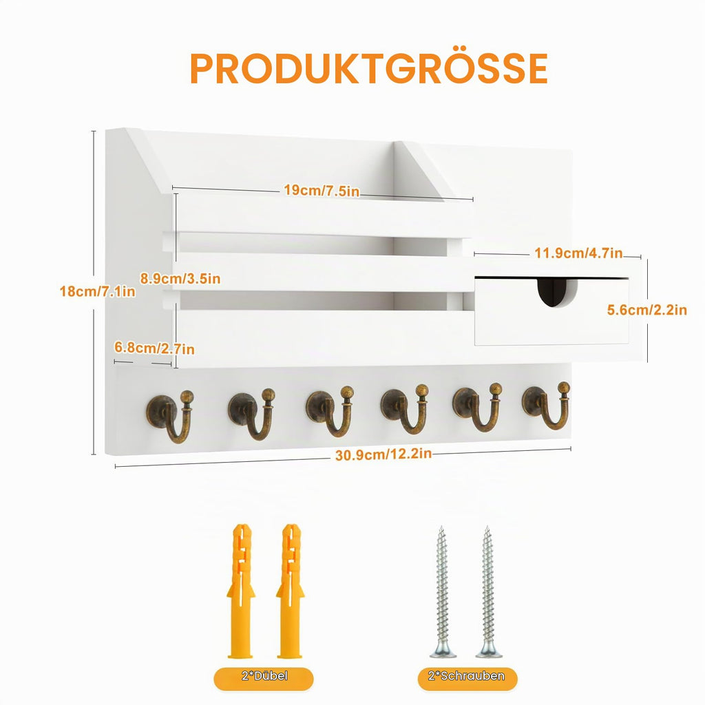 Schlüsselbrett mit Ablage, Schlüsselbrett Holz mit 6 Haken