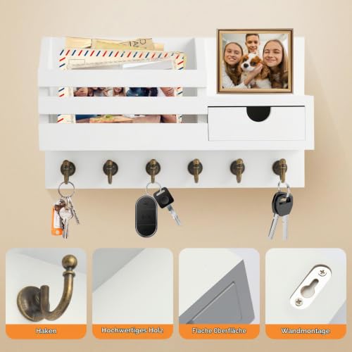 Schlüsselbrett mit Ablage, Schlüsselbrett Holz mit 6 Haken