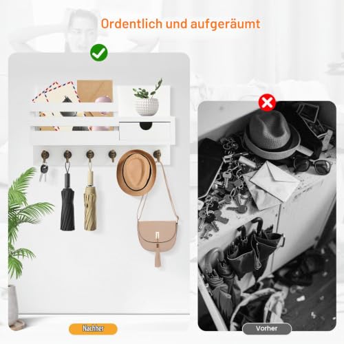 Schlüsselbrett mit Ablage, Schlüsselbrett Holz mit 6 Haken