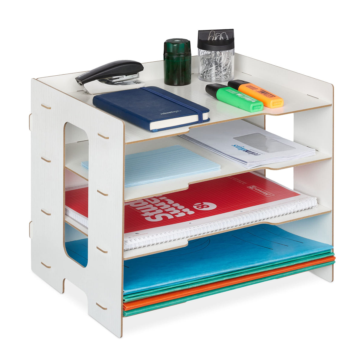Relaxdays Briefablage, Büro Organizer aus MDF, A4 Papier, 3 Fächer, weiß