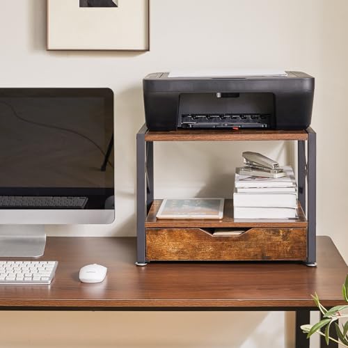 IBUYKE 2 Tier Desktop-Drucker Stand, Mehrzweck-Schreibtisch-Organisator, hölzerne Drucker Stand mit Schublade Lagerung für Ordner, Bücher, für Faxgerät, Scanner, Home Office, Rustic Brown TLJ006H