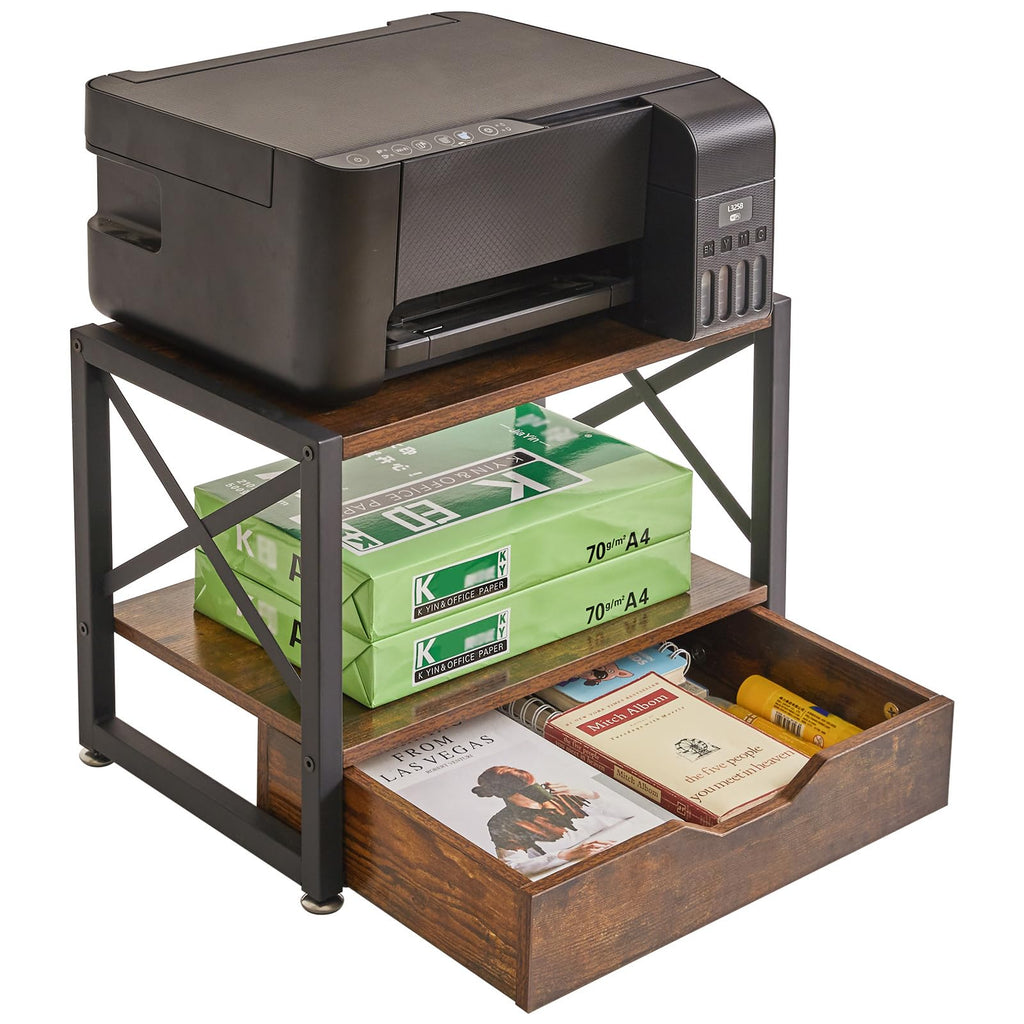 IBUYKE 2 Tier Desktop-Drucker Stand, Mehrzweck-Schreibtisch-Organisator, hölzerne Drucker Stand mit Schublade Lagerung für Ordner, Bücher, für Faxgerät, Scanner, Home Office, Rustic Brown TLJ006H