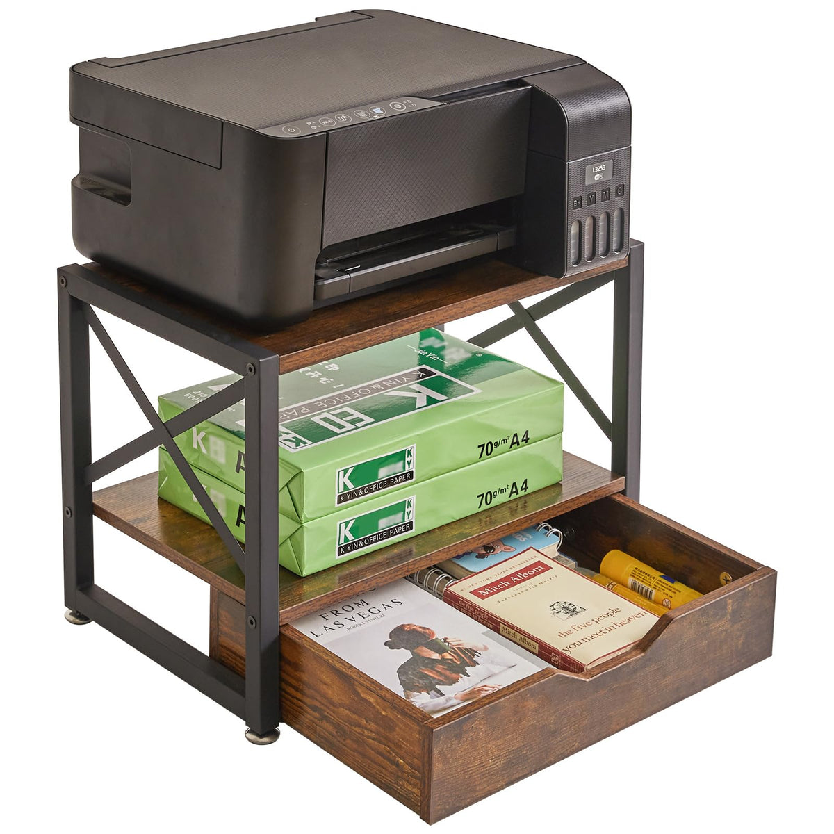 IBUYKE 2 Tier Desktop-Drucker Stand, Mehrzweck-Schreibtisch-Organisator, hölzerne Drucker Stand mit Schublade Lagerung für Ordner, Bücher, für Faxgerät, Scanner, Home Office, Rustic Brown TLJ006H