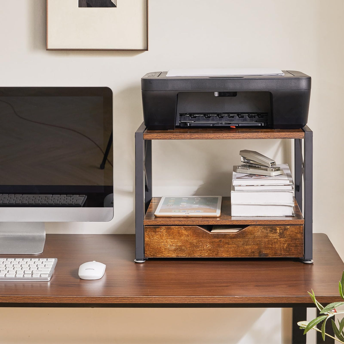 IBUYKE 2 Tier Desktop-Drucker Stand, Mehrzweck-Schreibtisch-Organisator, hölzerne Drucker Stand mit Schublade Lagerung für Ordner, Bücher, für Faxgerät, Scanner, Home Office, Rustic Brown TLJ006H