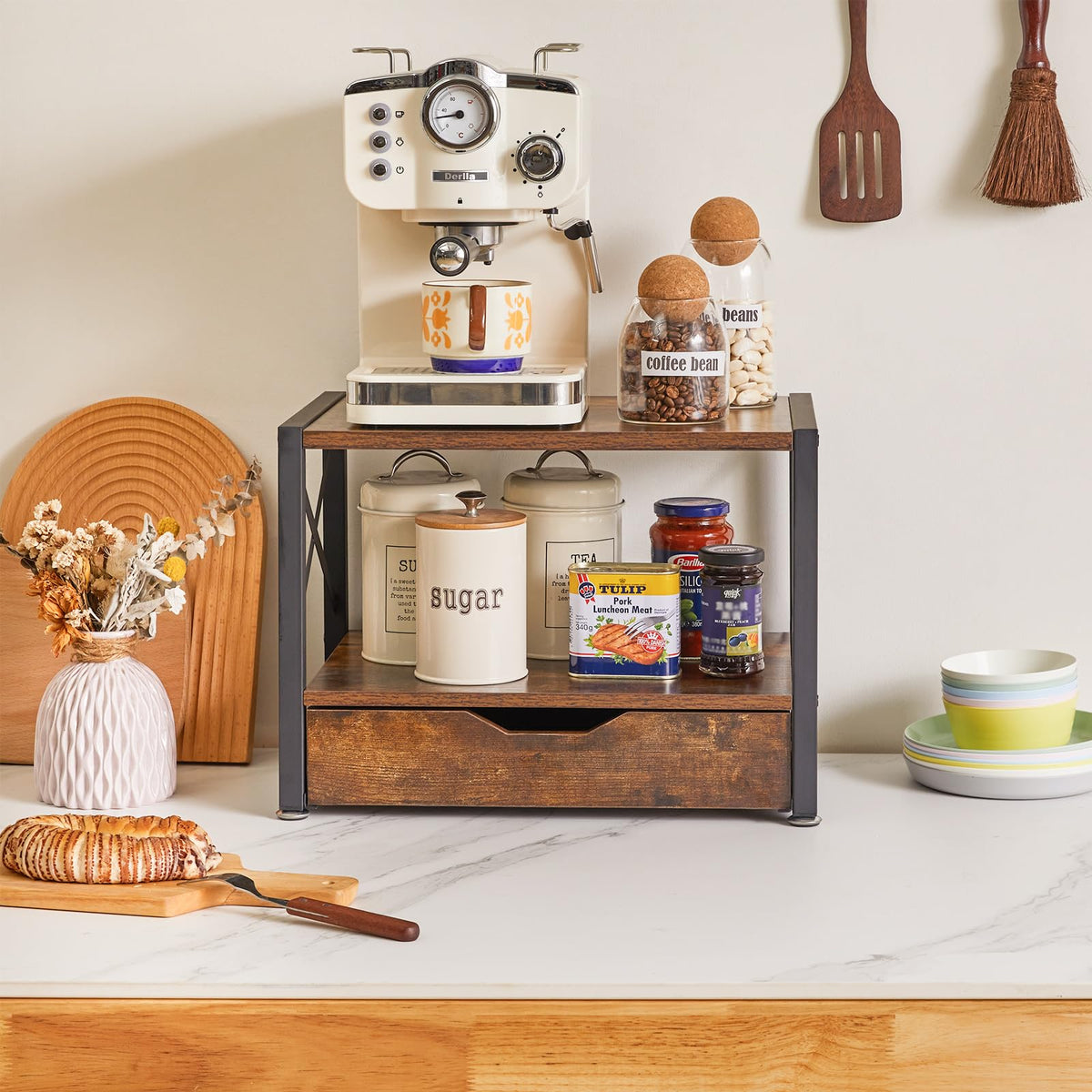 IBUYKE 2 Tier Desktop-Drucker Stand, Mehrzweck-Schreibtisch-Organisator, hölzerne Drucker Stand mit Schublade Lagerung für Ordner, Bücher, für Faxgerät, Scanner, Home Office, Rustic Brown TLJ006H