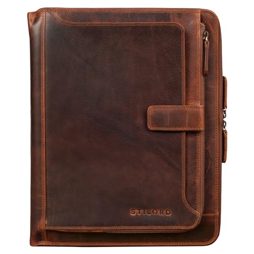 STILORD 'Colby' Konferenzmappe A4 mit Ringbuch Leder Aktenmappe Schreibmappe Managermappe Business Ledermappe 100% Echtleder, Farbe:Kara - Cognac