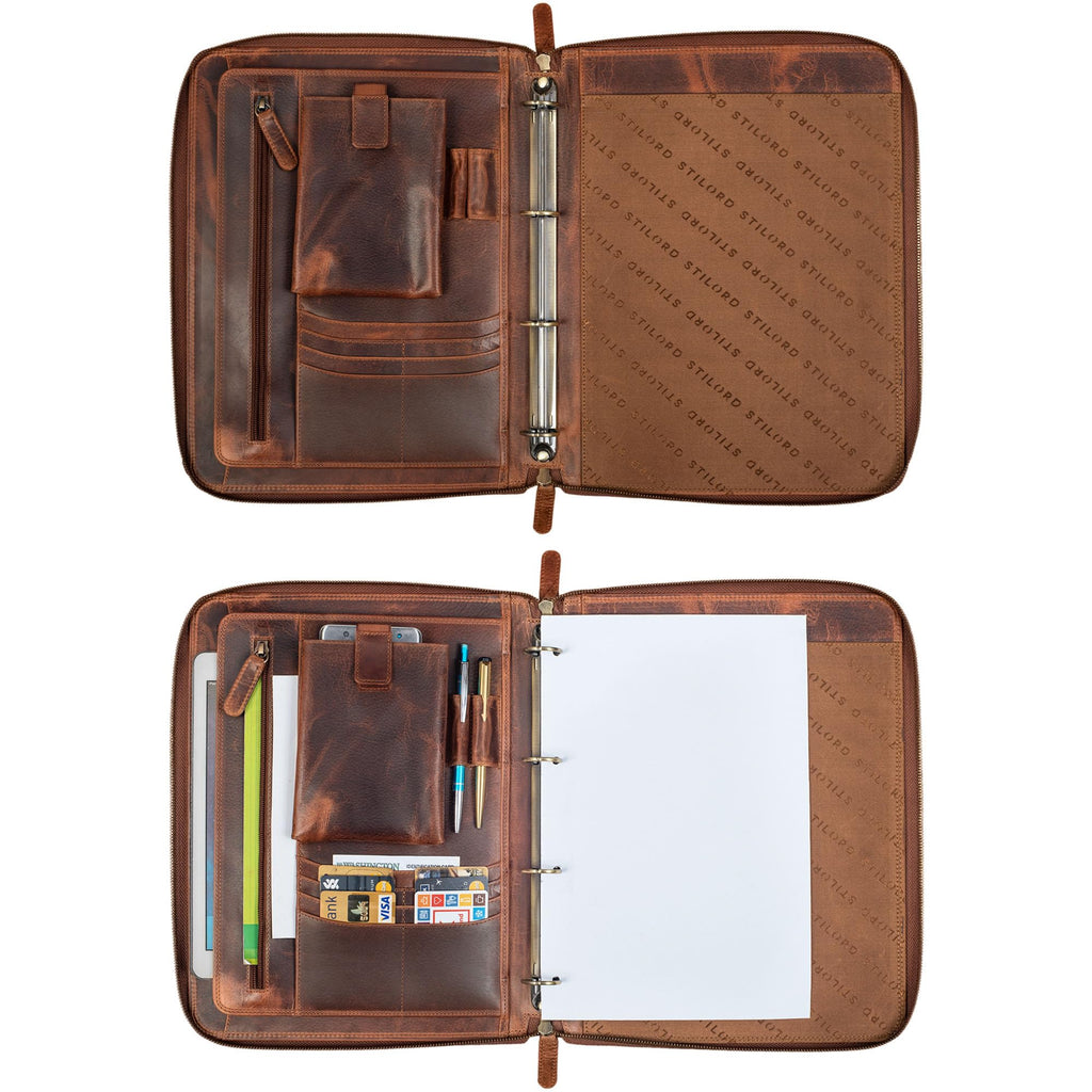 STILORD 'Colby' Konferenzmappe A4 mit Ringbuch Leder Aktenmappe Schreibmappe Managermappe Business Ledermappe 100% Echtleder, Farbe:Kara - Cognac