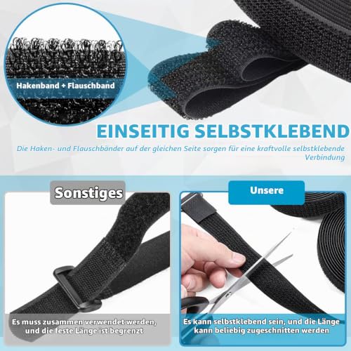 5m x 2cm Klettband mit 25 Schnalle - Freie Schnittlänge Klett Kabelbinder Wiederverschließbar, Kabel Klettbinder Klettverschluss Band, Schwarz