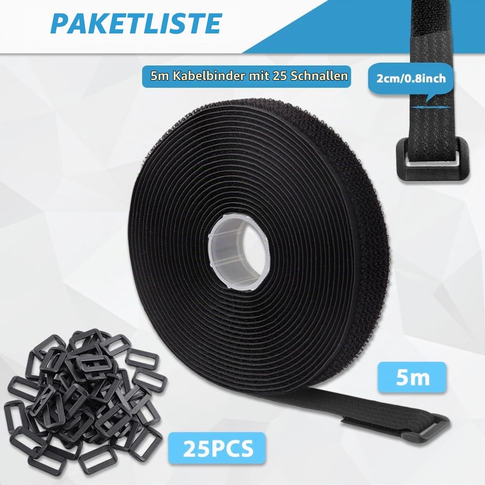 5m x 2cm Klettband mit 25 Schnalle - Freie Schnittlänge Klett Kabelbinder Wiederverschließbar, Kabel Klettbinder Klettverschluss Band, Schwarz