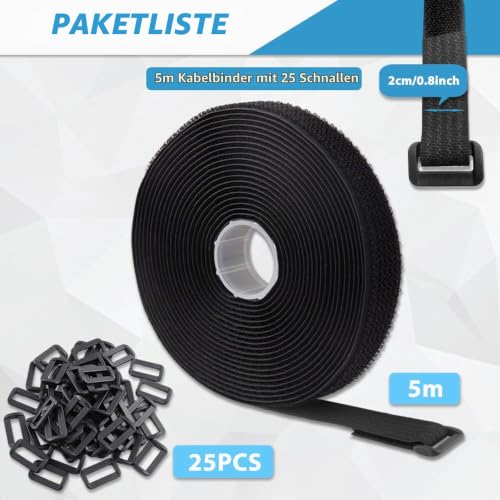 5m x 2cm Klettband mit 25 Schnalle - Freie Schnittlänge Klett Kabelbinder Wiederverschließbar, Kabel Klettbinder Klettverschluss Band, Schwarz
