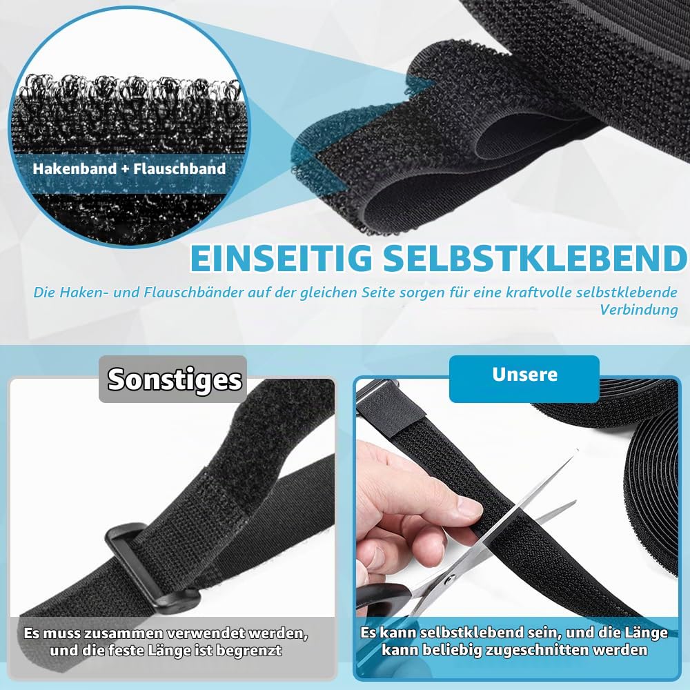 5m x 2cm Klettband mit 25 Schnalle - Freie Schnittlänge Klett Kabelbinder Wiederverschließbar, Kabel Klettbinder Klettverschluss Band, Schwarz