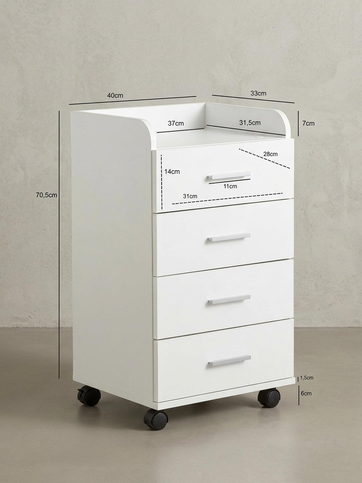Rollcontainer WL5.748 40 x 70,5 x 33 cm Weiß | Schreibtisch-Container Rollschrank 4 Schubladen | Moderner Schubladencontainer mit Rollen | Standcontainer Bürocontainer