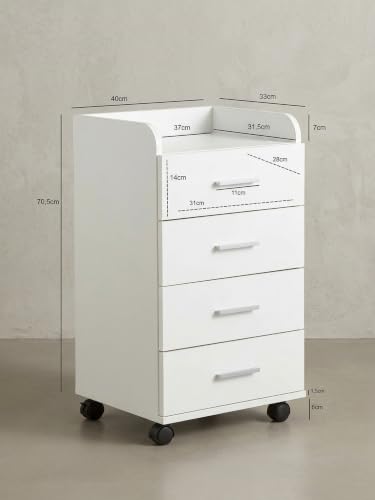Rollcontainer WL5.748 40 x 70,5 x 33 cm Weiß | Schreibtisch-Container Rollschrank 4 Schubladen | Moderner Schubladencontainer mit Rollen | Standcontainer Bürocontainer