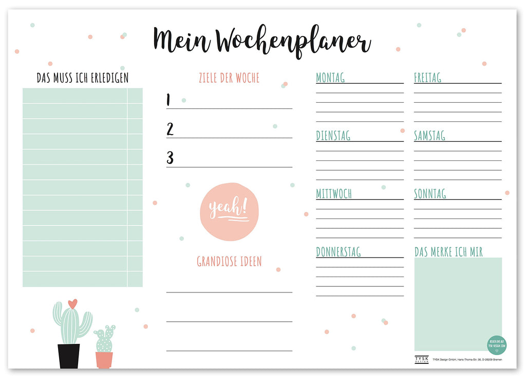 TYSK Design Schreibtischunterlage Kaktus (Design wählbar) Tischunterlage aus Papier zum Abreißen DIN A3 To Do Liste Notizblock Wochenplaner