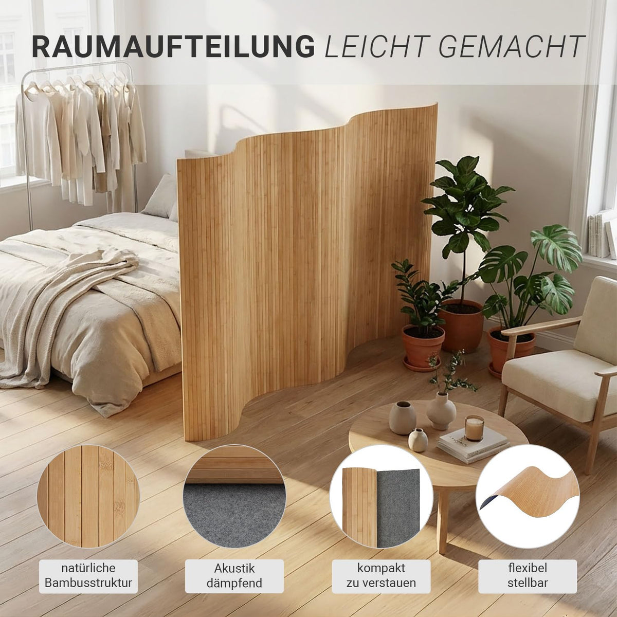 Homestyle4u Paravent Raumteiler Bambus Braun Innen 145 cm Höhe