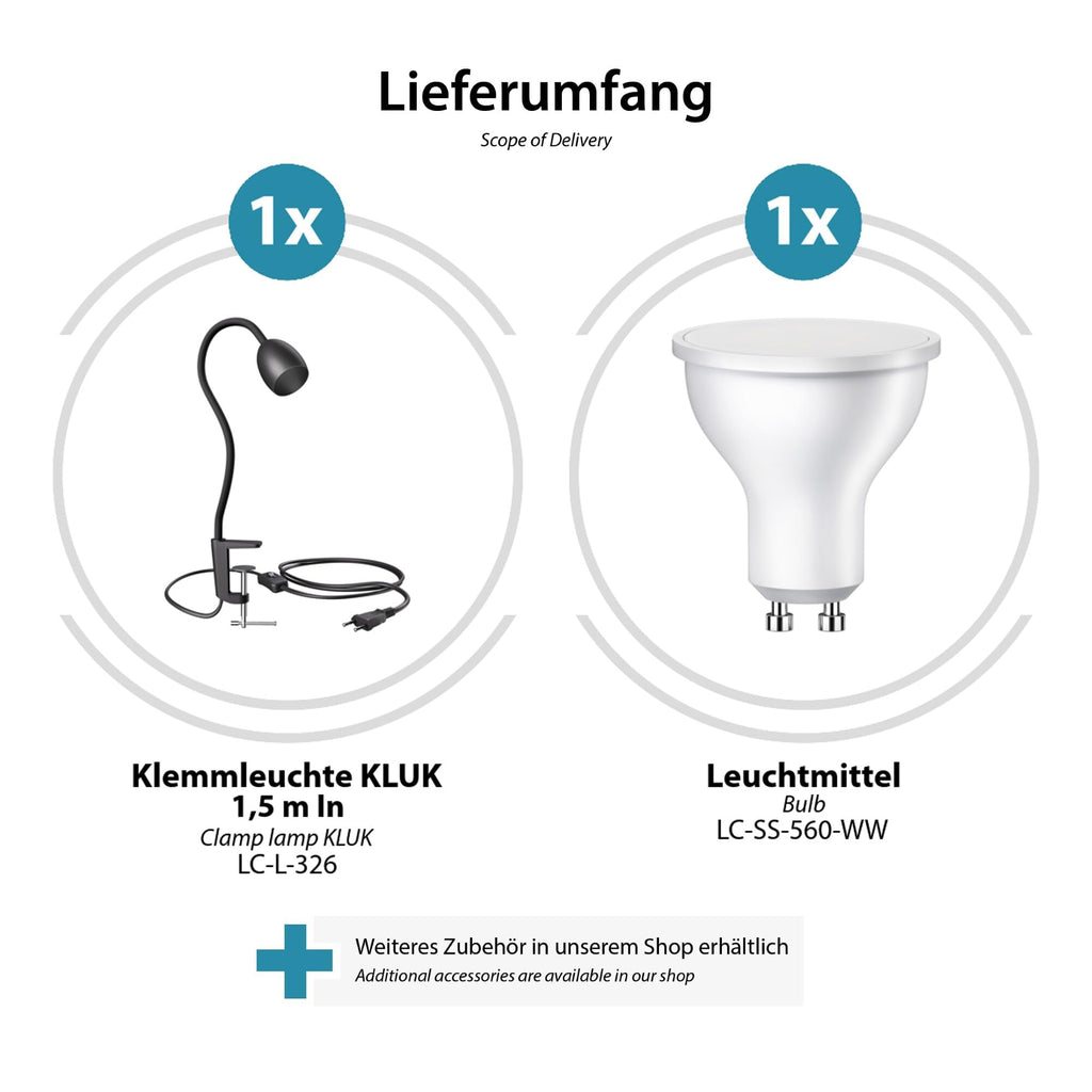 ledscom.de GU10 Klemmleuchte KLUK mit Schwanenhals, schwarz inkl. GU10, warm-weiß, 6,826W 630lm