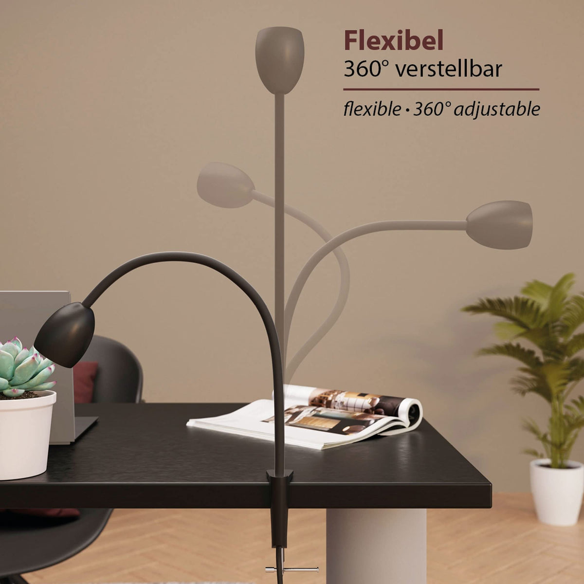 ledscom.de GU10 Klemmleuchte KLUK mit Schwanenhals, schwarz inkl. GU10, warm-weiß, 6,826W 630lm