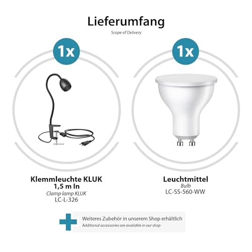 ledscom.de GU10 Klemmleuchte KLUK mit Schwanenhals, schwarz inkl. GU10, warm-weiß, 6,826W 630lm