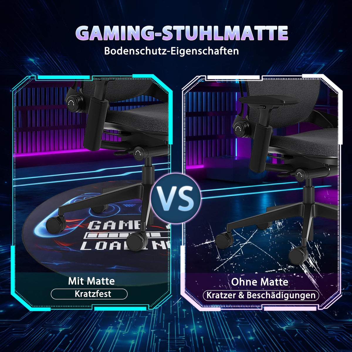 Capslpad Gaming Bodenschutzmatte 120x120cm rutschfest Teppich Bürostuhl Unterlage Schreibtischstuhl für Hartholzboden stuhlmatten Stuhlunterlage für Spielzimmer Home Office Laminat Fliesen
