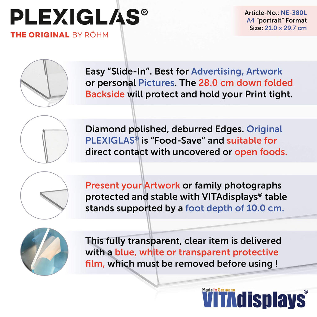 VITAdisplays® DIN A4 L-Aufsteller/L-Ständer, Tischaufsteller, transparent aus original PLEXIGLAS® (PMMA/Acrylglas) (Packung mit 2)
