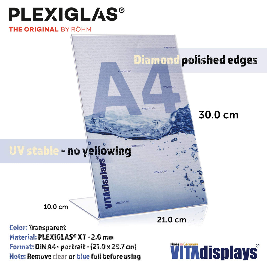 VITAdisplays® DIN A4 L-Aufsteller/L-Ständer, Tischaufsteller, transparent aus original PLEXIGLAS® (PMMA/Acrylglas) (Packung mit 2)