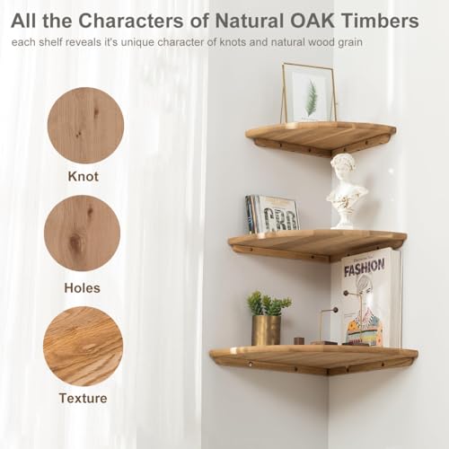 Gieanoo Eckregal Hängeregal, Eiche Massivholz Eckregal runde Enden Wandregal Holz Vintage Landhausstil Regal für Schlafzimmer Wohnzimmer Radius 30cm