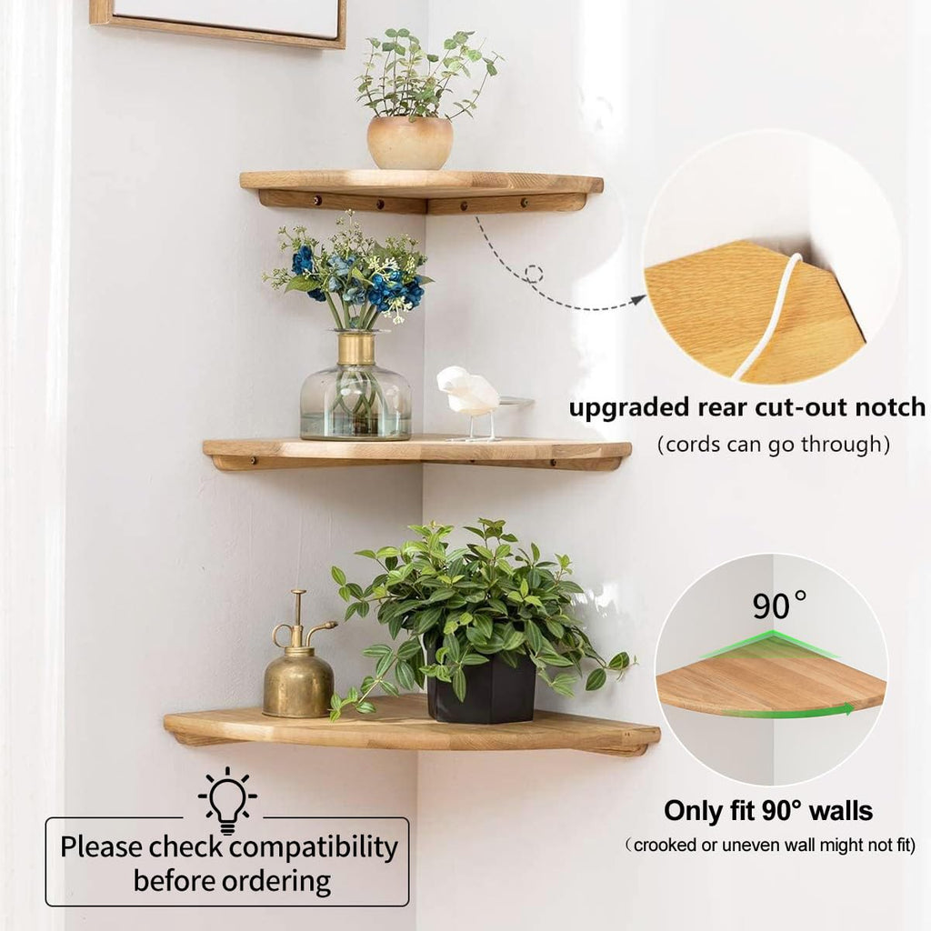 Gieanoo Eckregal Hängeregal, Eiche Massivholz Eckregal runde Enden Wandregal Holz Vintage Landhausstil Regal für Schlafzimmer Wohnzimmer Radius 30cm