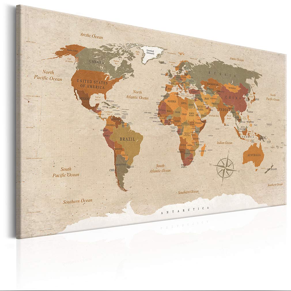 decomonkey | Weltkarte Pinnwand 90x60 cm Leinwand | Bilder Leinwandbilder Fertig aufgespannt auf dicker 10mm Holzfasertafel Aufhängfertig Auch als Korktafel nutzbar Landkarte