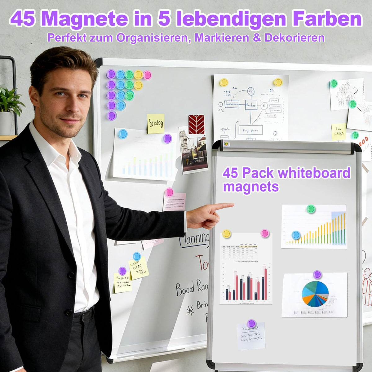 45 Stück runde Magnete, 30 x 8 mm, Starke Bunte Mini-Magnete für Whiteboard, Pinnwand, Kühlschrank, Schultafel, Schranktüren und andere Metalloberflächen