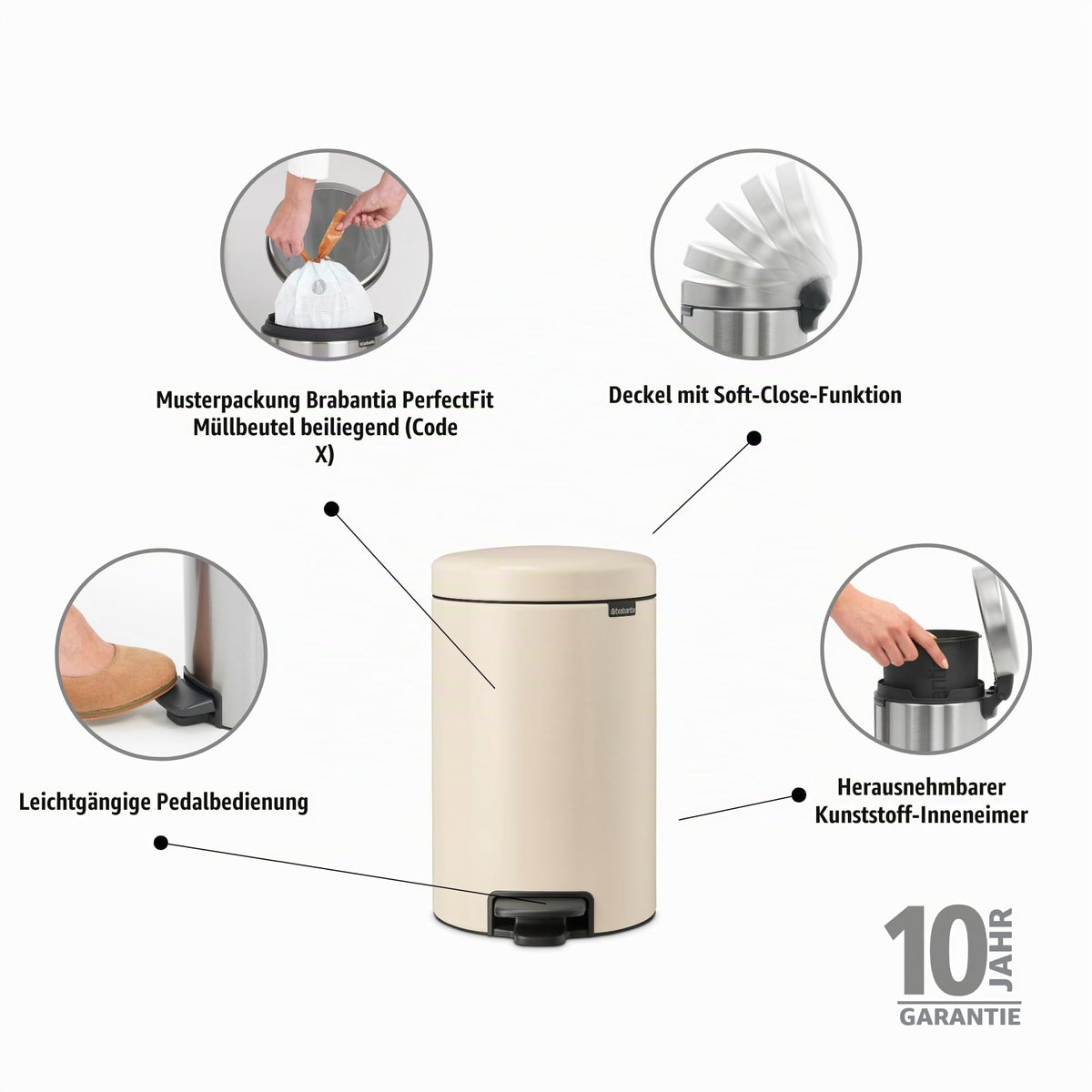 Brabantia NewIcon Treteimer, Soft Beige, 12 l