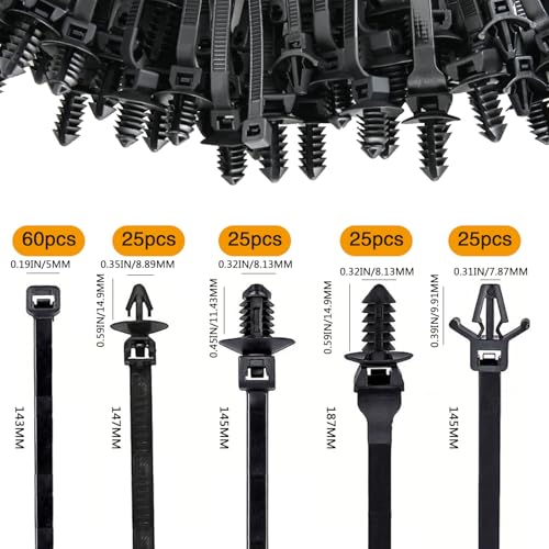 160 Stück Universal Kabelbinder für Autohalterung,5 Größen Kabelbinder schwarzer Reißverschluss, Nylon, zum Eindrücken, robust, für Automobil, Bau, Innen-Drahtbündelung (160)