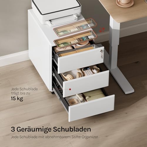 WOLTU Rollcontainer, Mobiler Aktenschrank Büroschrank mit 3 Schubladen