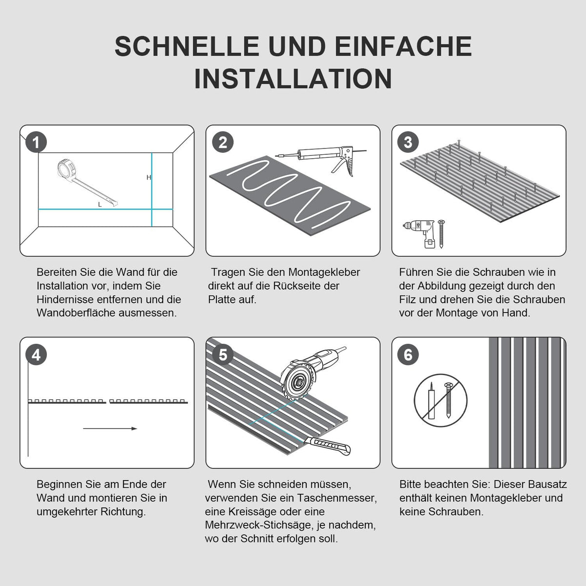Akustikpaneele, Wandverkleidung, Innenwanddekoration, 4 Stück 120x60cm, 2,1cm dick, Wandpaneele aus Holzfunier und Filz, Holzpaneele Grau, für die Dekoration verschiedener Innenwände