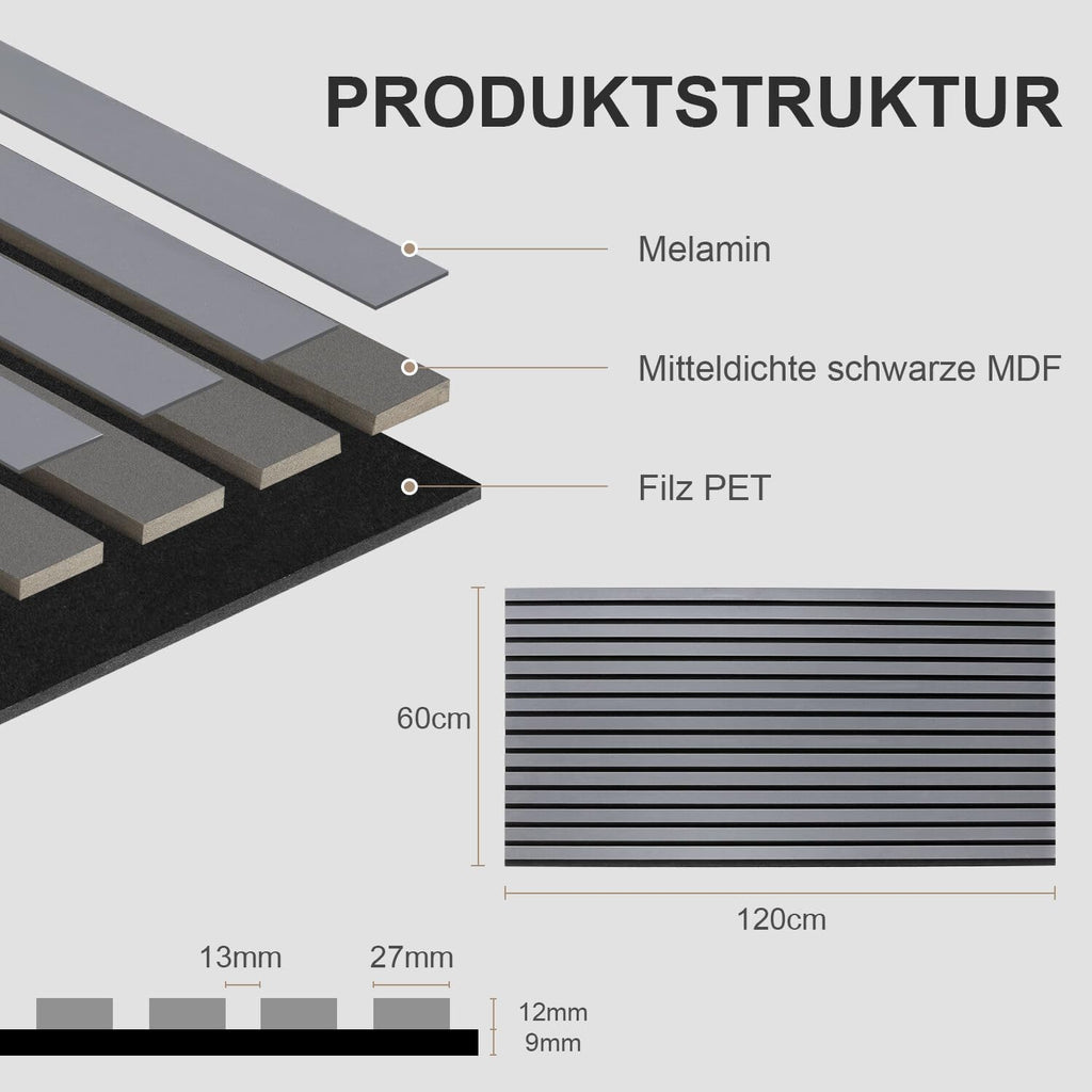 Akustikpaneele, Wandverkleidung, Innenwanddekoration, 4 Stück 120x60cm, 2,1cm dick, Wandpaneele aus Holzfunier und Filz, Holzpaneele Grau, für die Dekoration verschiedener Innenwände