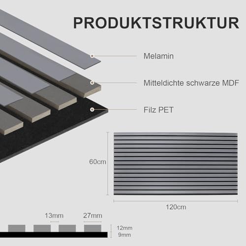 Akustikpaneele, Wandverkleidung, Innenwanddekoration, 4 Stück 120x60cm, 2,1cm dick, Wandpaneele aus Holzfunier und Filz, Holzpaneele Grau, für die Dekoration verschiedener Innenwände