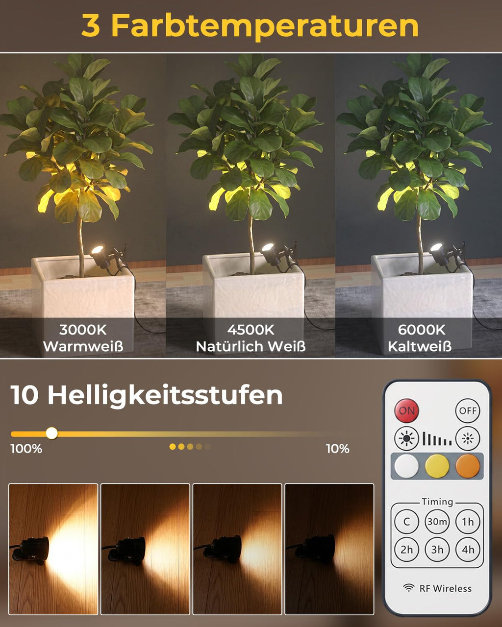 LED Klemmspot Uplight Spot mit Fernbedienung, 7W 3 Farbtemperatur