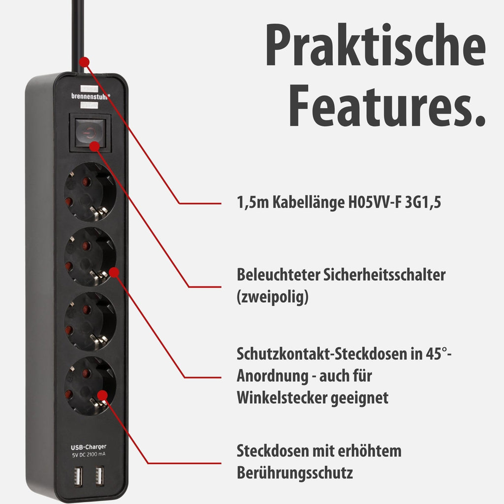 Brennenstuhl Ecolor Steckdosenleiste 4-Fach mit USB-Ladebuchse