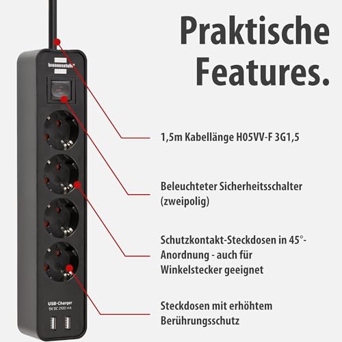 Brennenstuhl Ecolor Steckdosenleiste 4-Fach mit USB-Ladebuchse