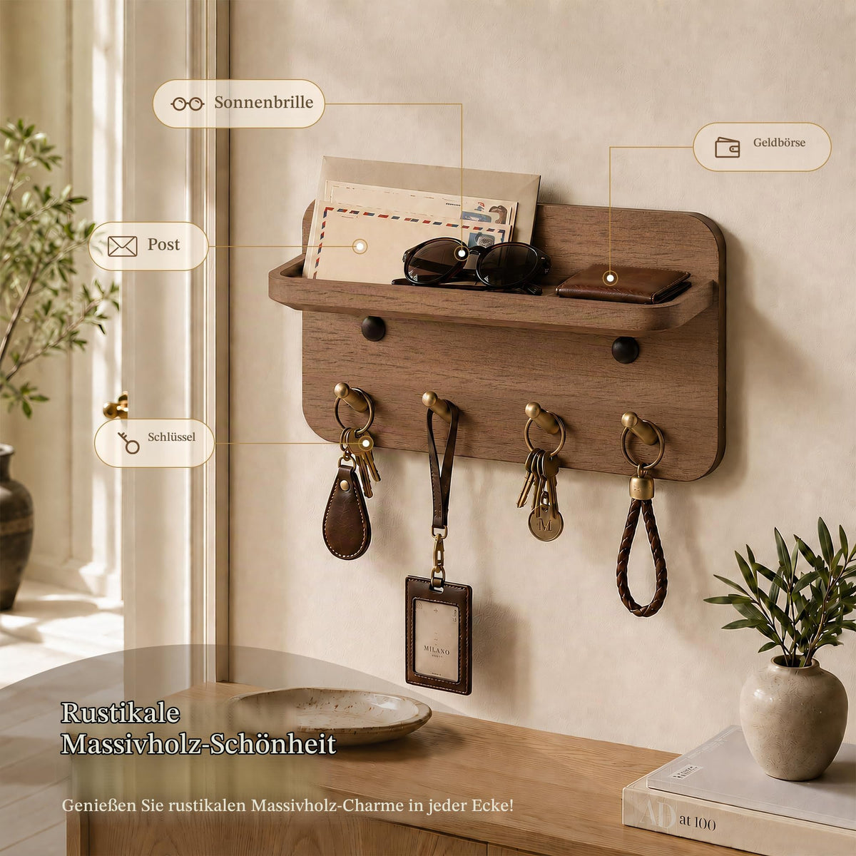 Schlüsselbrett mit Ablage – 4 Messinghaken, Massivholz, Magnetisch, 3 Montage: Kleben, Dübel oder unsichtbare Nägel, für Flur, Wohnzimmer, Schlafzimmer, Büro, Nussbaum