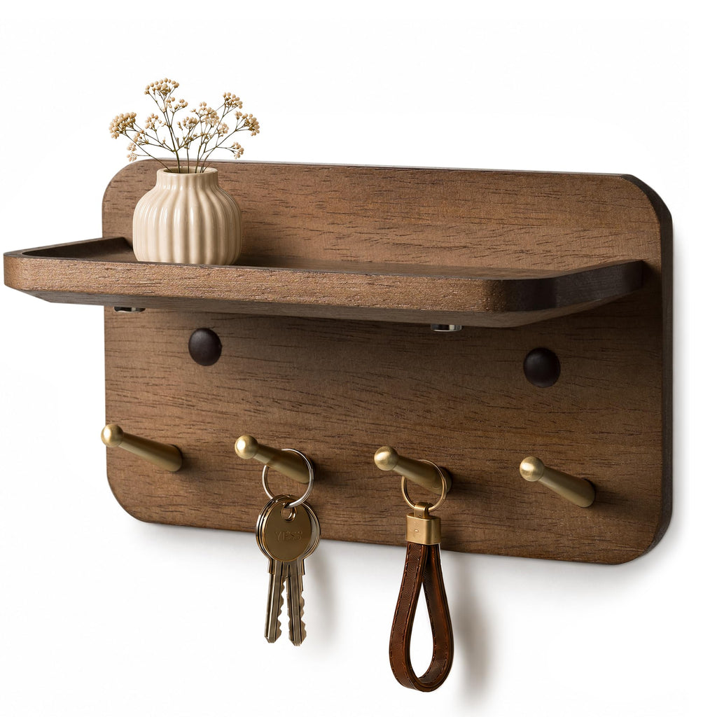 Schlüsselbrett mit Ablage – 4 Messinghaken, Massivholz, Magnetisch, 3 Montage: Kleben, Dübel oder unsichtbare Nägel, für Flur, Wohnzimmer, Schlafzimmer, Büro, Nussbaum