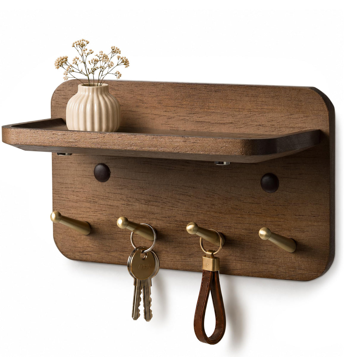 Schlüsselbrett mit Ablage – 4 Messinghaken, Massivholz, Magnetisch, 3 Montage: Kleben, Dübel oder unsichtbare Nägel, für Flur, Wohnzimmer, Schlafzimmer, Büro, Nussbaum